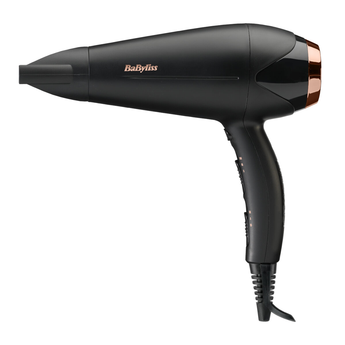 Czarna suszarka do włosów ze złotymi różami, logo Babyliss i czarnym przewodem zasilającym.