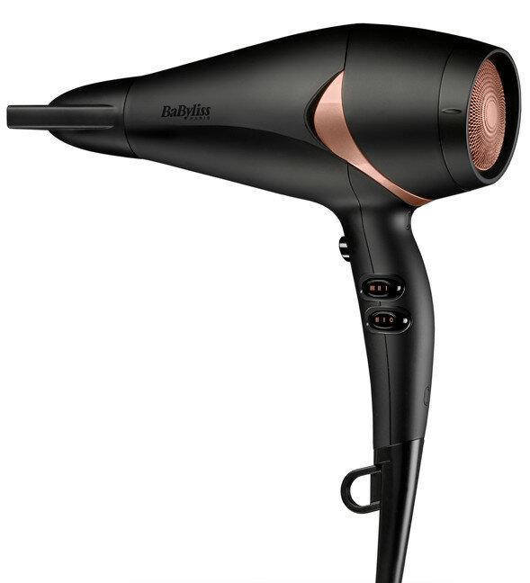 Czarna suszarka do włosów ze złotymi akcentami i przyciskami sterowania.