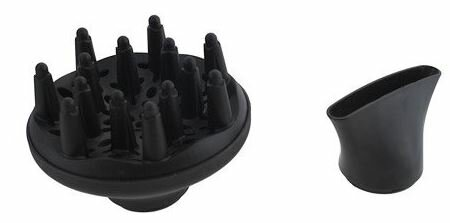 Dwa czarne nasadki do suszarki do włosów. Jeden dyfuzor i jedna dysza.