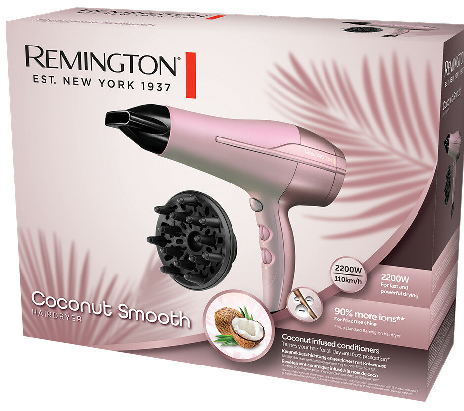 Różowa suszarka do włosów i akcesoria w pudełku produktu.