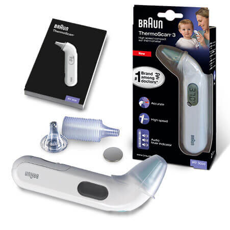 Termometr do ucha Braun ThermoScan 3 z akcesoriami i opakowaniem. Termometr jest biały z niebieską końcówką.