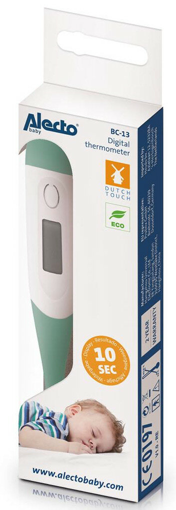 Opakowanie cyfrowego termometru dla niemowląt ze śpiącym dzieckiem i szczegółami produktu.