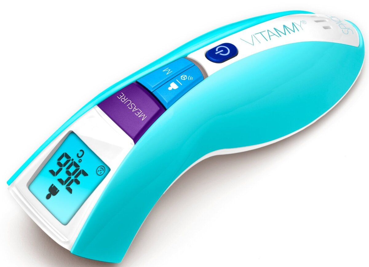 Turkusowy i biały termometr pokazujący temperaturę 36,6°C.