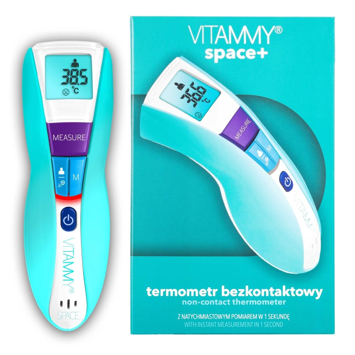 Niebiesko-biały termometr i jego pudełko. Wyświetlanie temperatury, widoczny przycisk pomiaru.