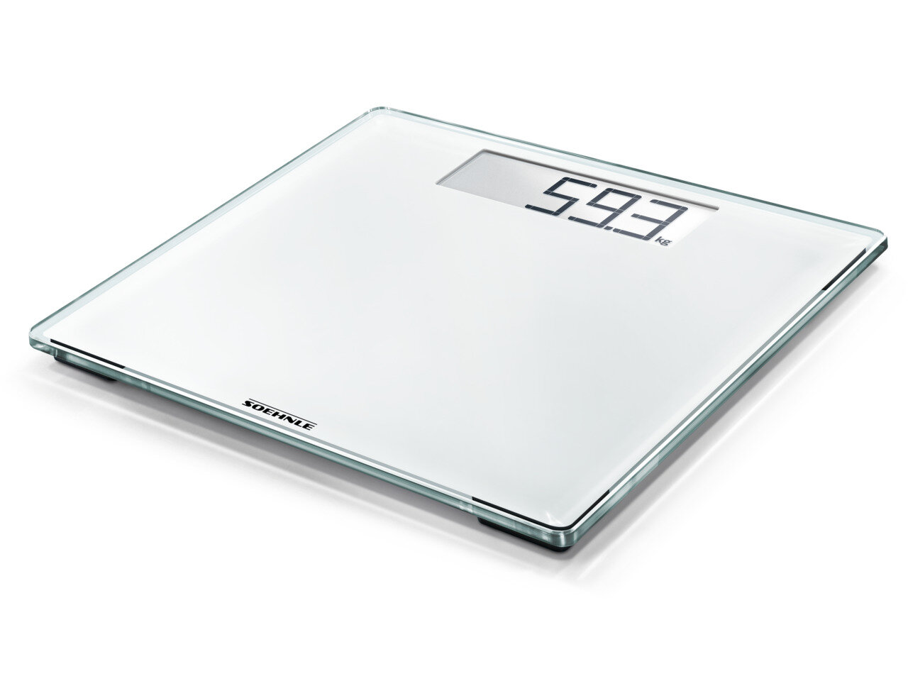 Biała cyfrowa waga łazienkowa z przezroczystą szklaną powierzchnią, wyświetlająca 59,3 kg.