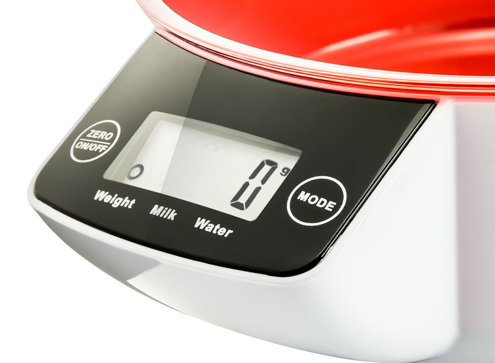 Cyfrowa waga kuchenna pokazująca '0 g'. Waga jest biała z czerwonym wnętrzem.