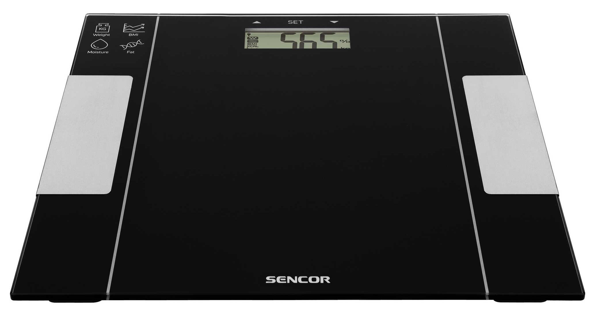 Czarna cyfrowa waga łazienkowa z wyświetlaczem pokazującym wagę i inne parametry.