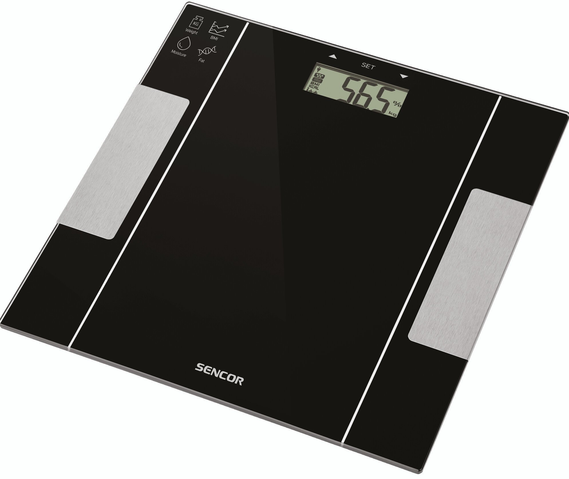 Czarna waga cyfrowa z wyświetlaczem 56,5. Srebrne podkładki.