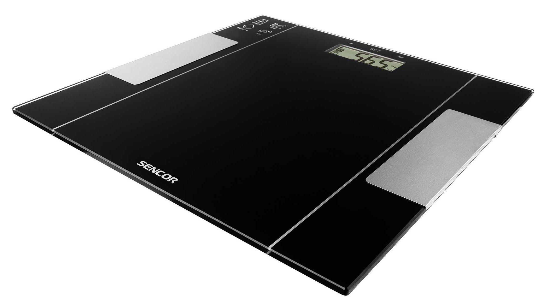 Czarna, cyfrowa waga łazienkowa. Wyświetla wagę w formacie cyfrowym.