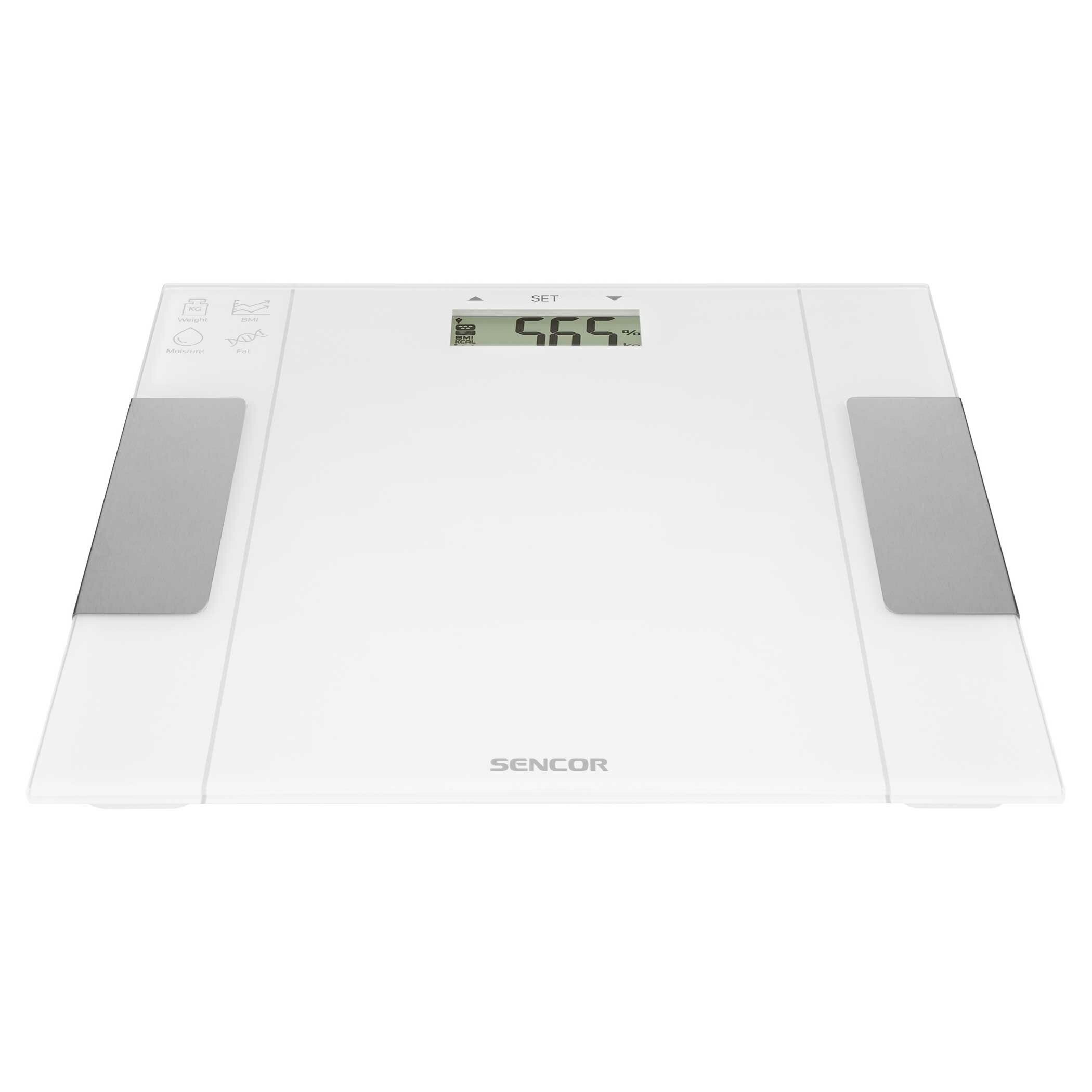 Biała waga cyfrowa z wyświetlaczem wagi. Dwa szare pady po bokach.