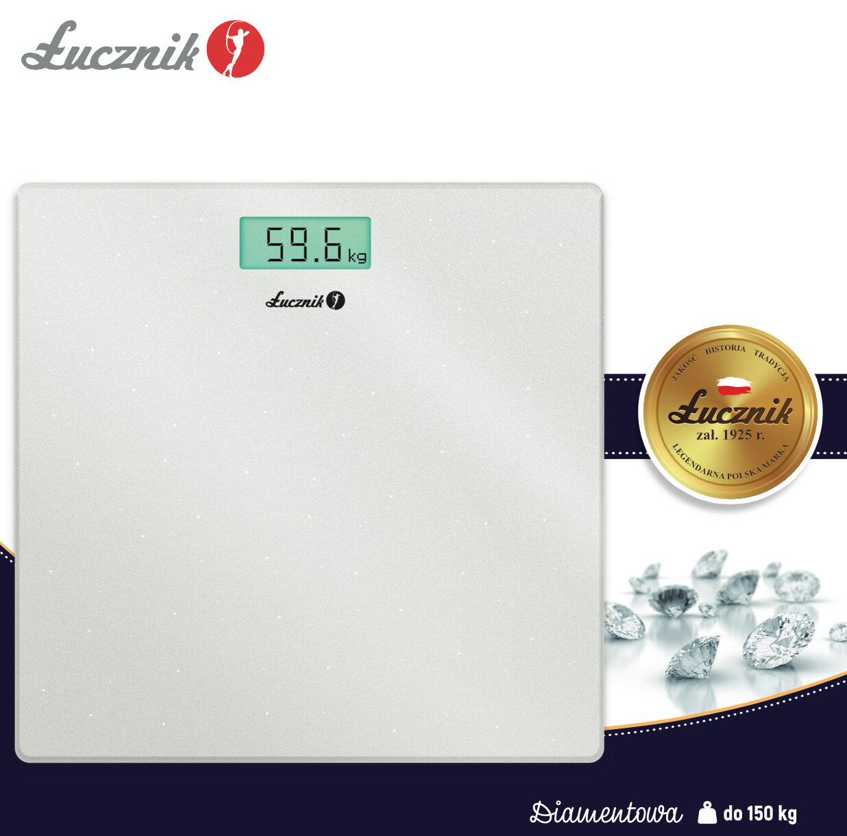 Biała waga cyfrowa z wyświetlaczem pokazującym 59,6 kg i diamenty.