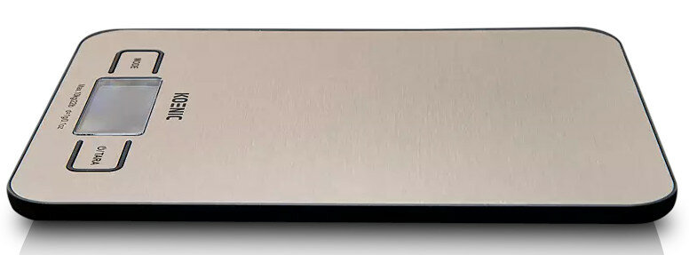 Metalowa waga kuchenna cyfrowa z ekranem LCD i przyciskami.