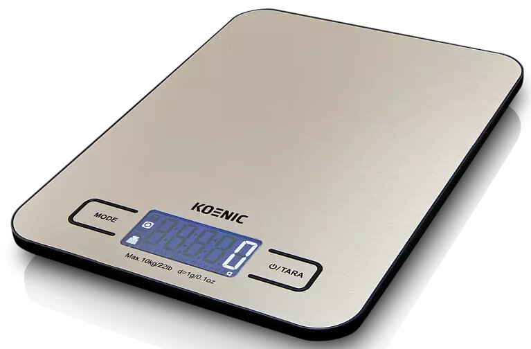 Elegancka, srebrna cyfrowa waga kuchenna z niebieskim wyświetlaczem LCD pokazującym zero.