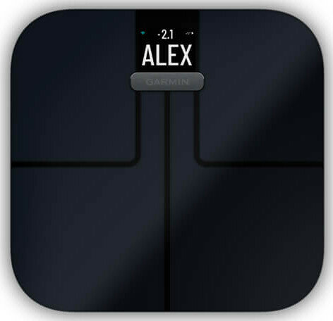 Czarna inteligentna waga z wyświetlaczem 'ALEX' i odczytem wagi, z logo Garmin.