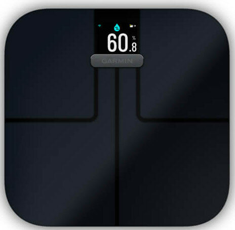 Czarno-biała inteligentna waga z cyfrowym wyświetlaczem pokazującym wagę i skład ciała.