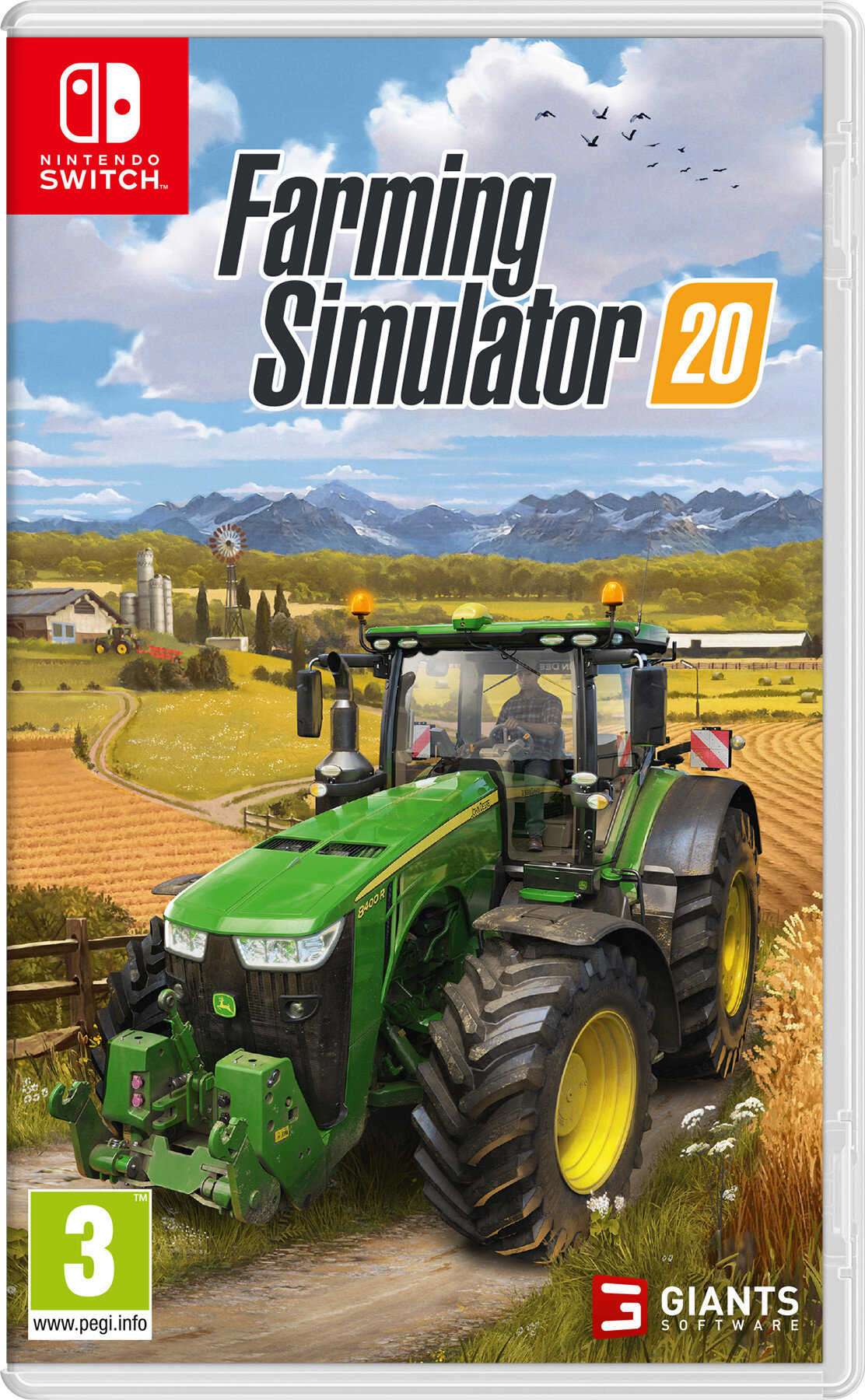 Pudełko gry Nintendo Switch: Farming Simulator 20, z ciągnikiem na farmie.