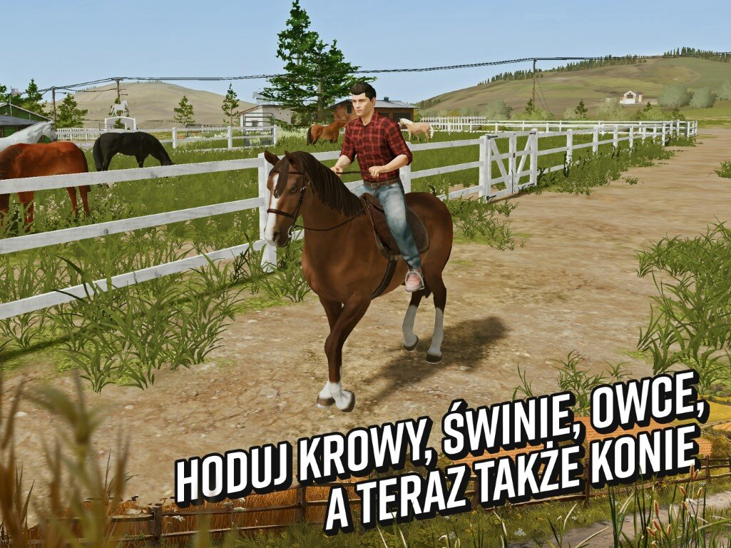 Mężczyzna jedzie konno w polu. Widoczne są inne konie i budynki gospodarcze.