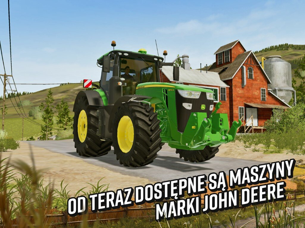 Zielony ciągnik John Deere na drodze. Tekst: Maszyny John Deere są już dostępne.