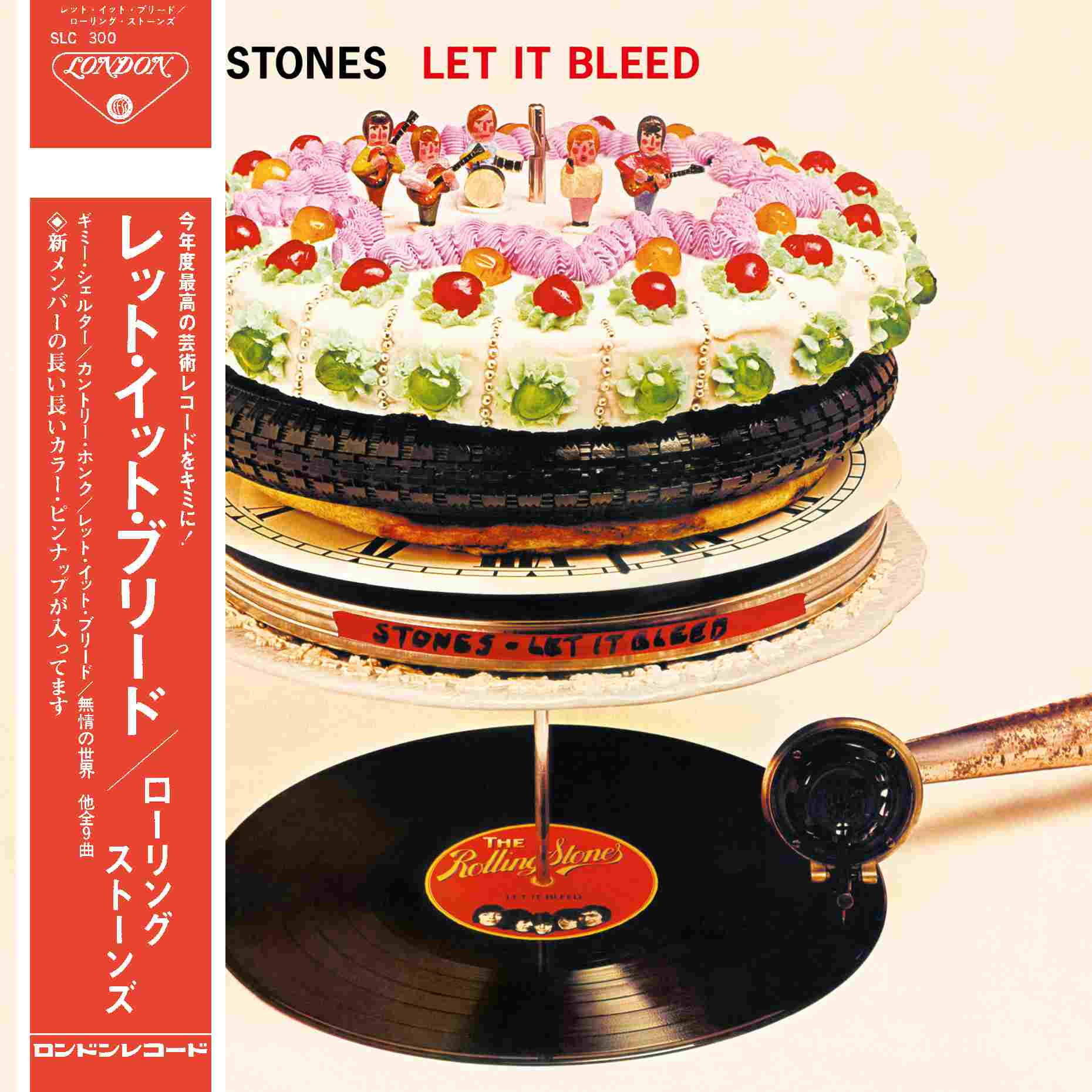 Vinil lemez és sütemény a 'Let It Bleed'-del, The Rolling Stones logóval.