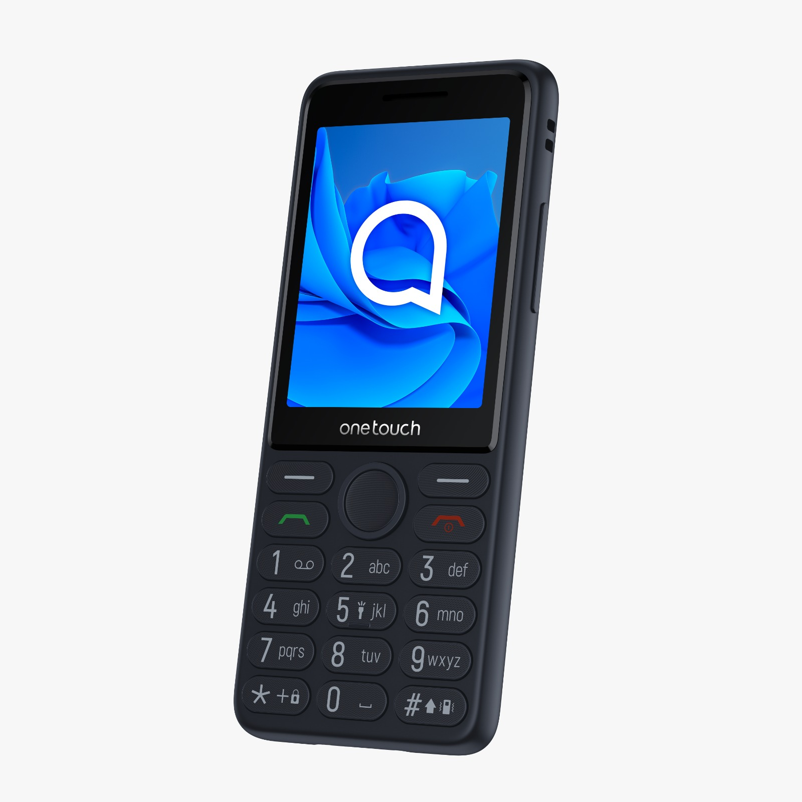Mavi ekranlı ve beyaz 'a' logolu siyah Alcatel akıllı telefon.