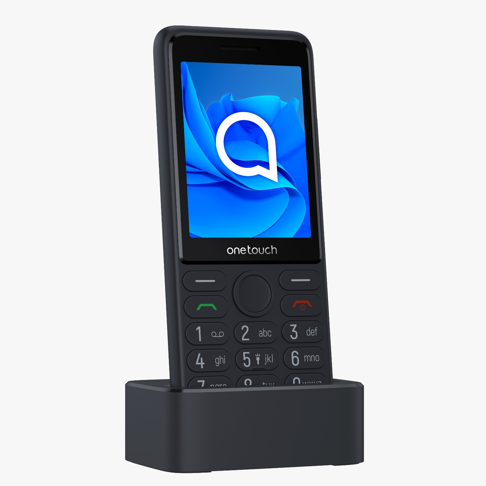Şarj yuvasında siyah Alcatel OneTouch telefon. Telefon ekranında mavi bir logo gösteriyor.
