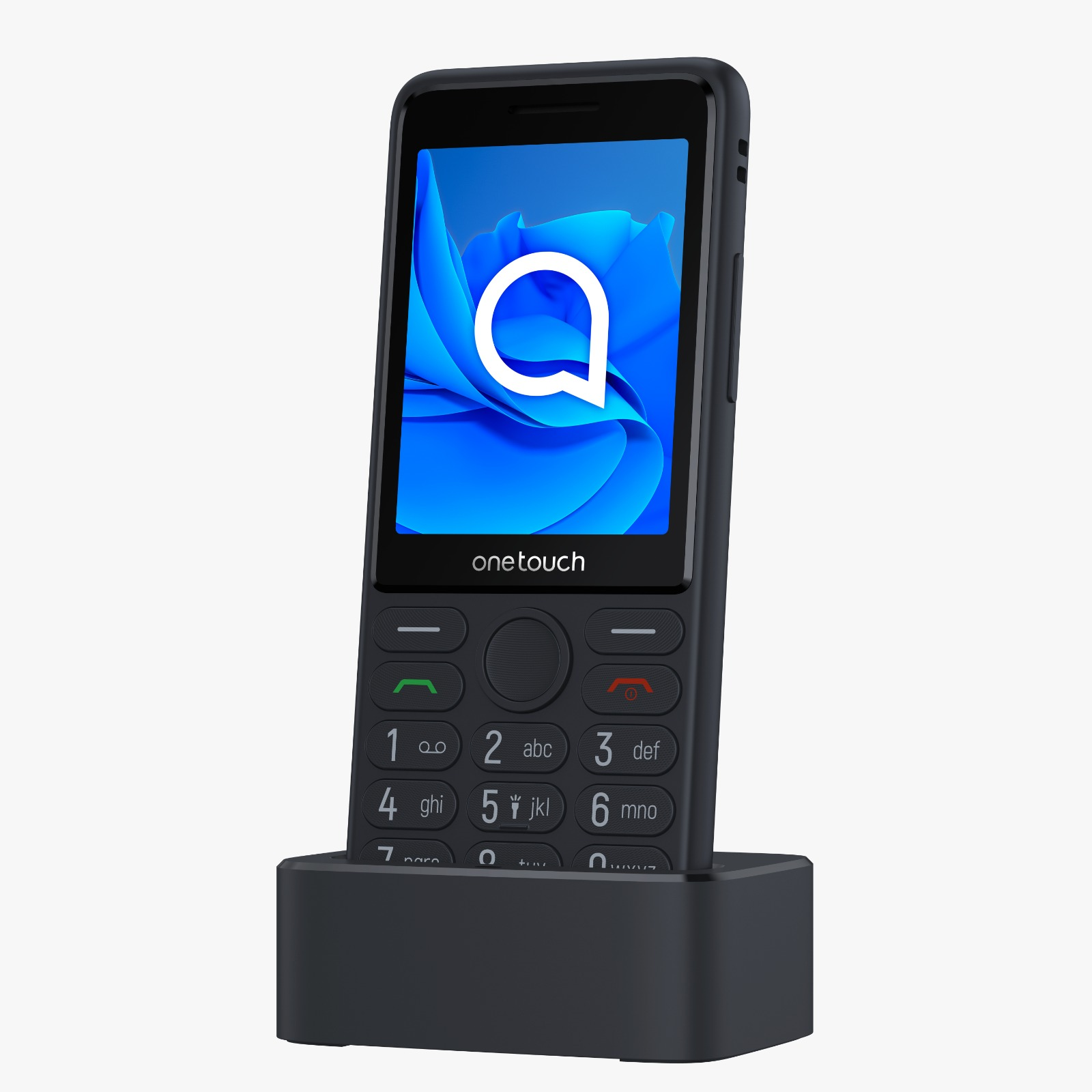 Şarj tabanında siyah Alcatel OneTouch telefon. Ekran mavi çiçek deseni gösteriyor.