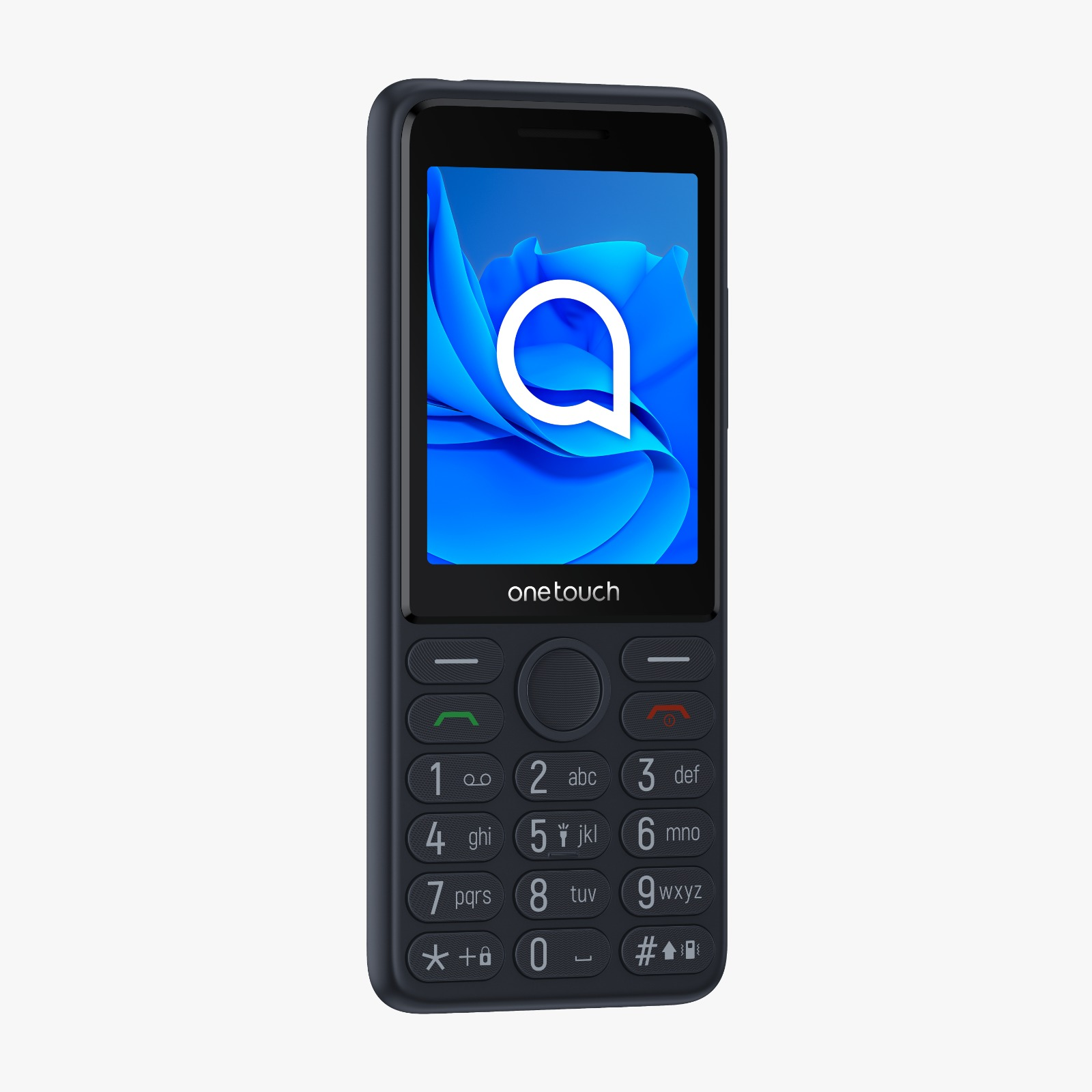 Alcatel onetouch telefon, koyu mavi, mavi zemin üzerinde beyaz bir logo gösteren bir ekranla.