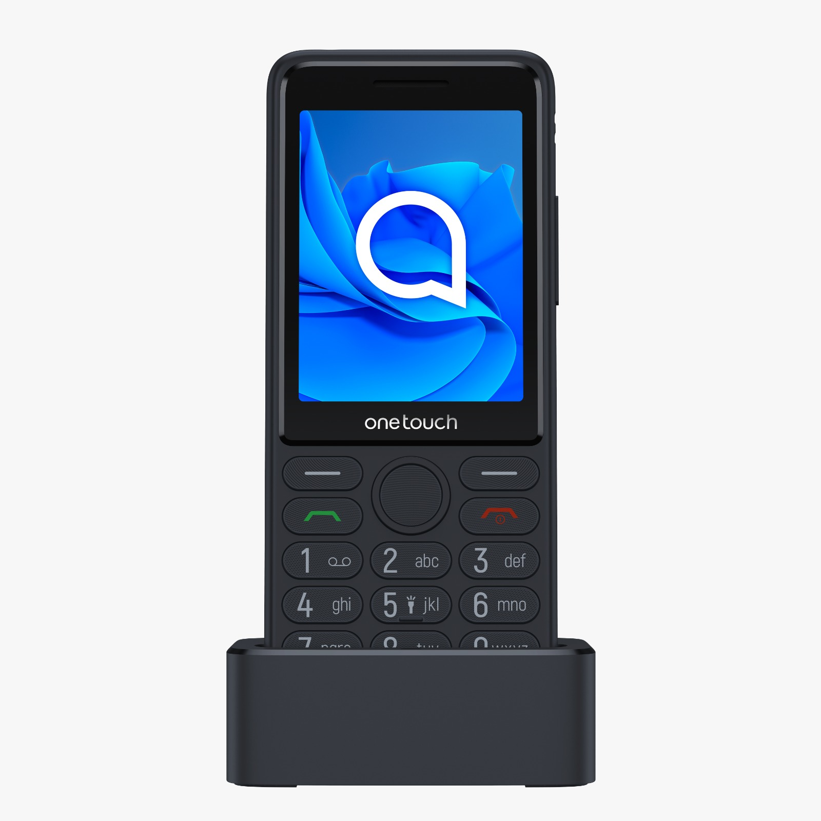 Beyaz bir logo görüntüleyen mavi ekranlı siyah bir Alcatel OneTouch telefonu.