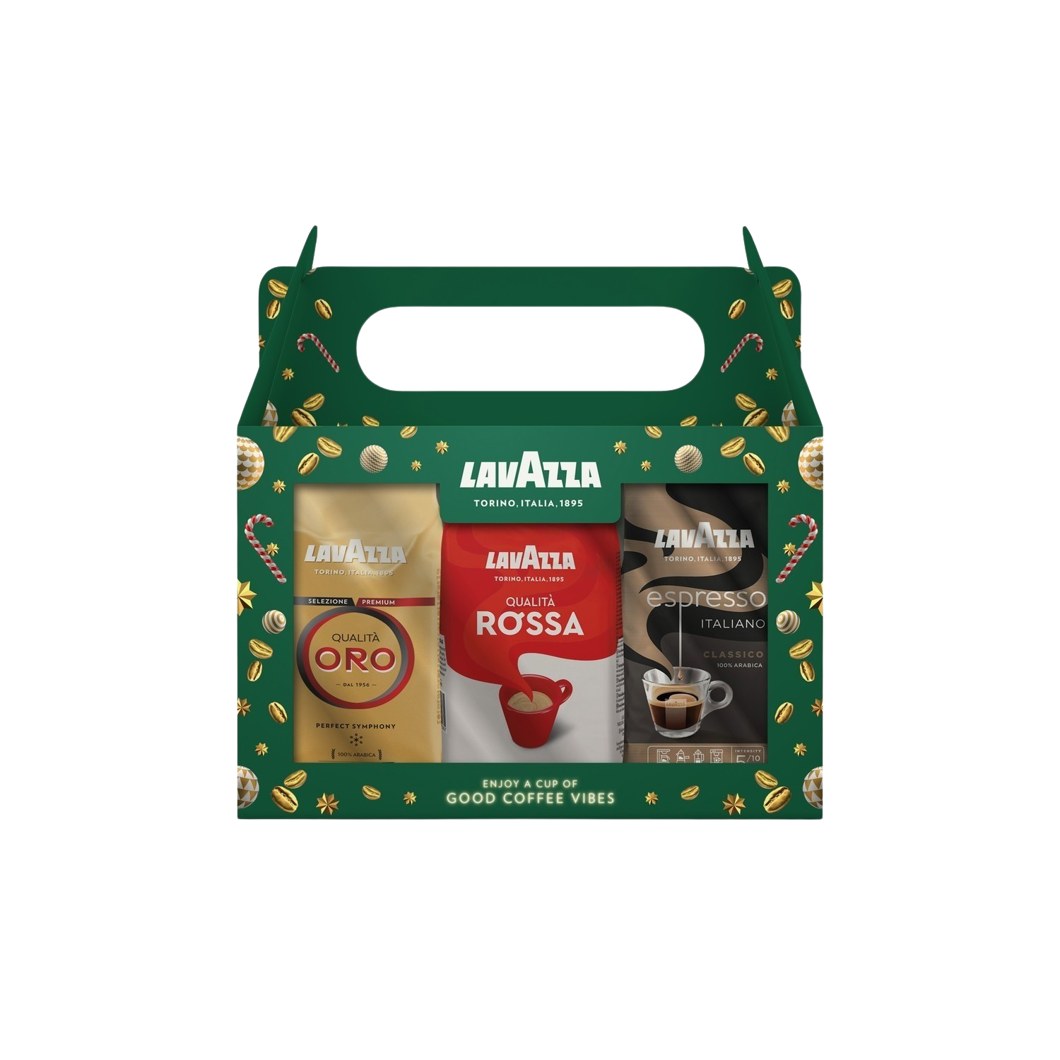 Un coffret cadeau de café Lavazza avec trois paquets de café différents et un design vert.