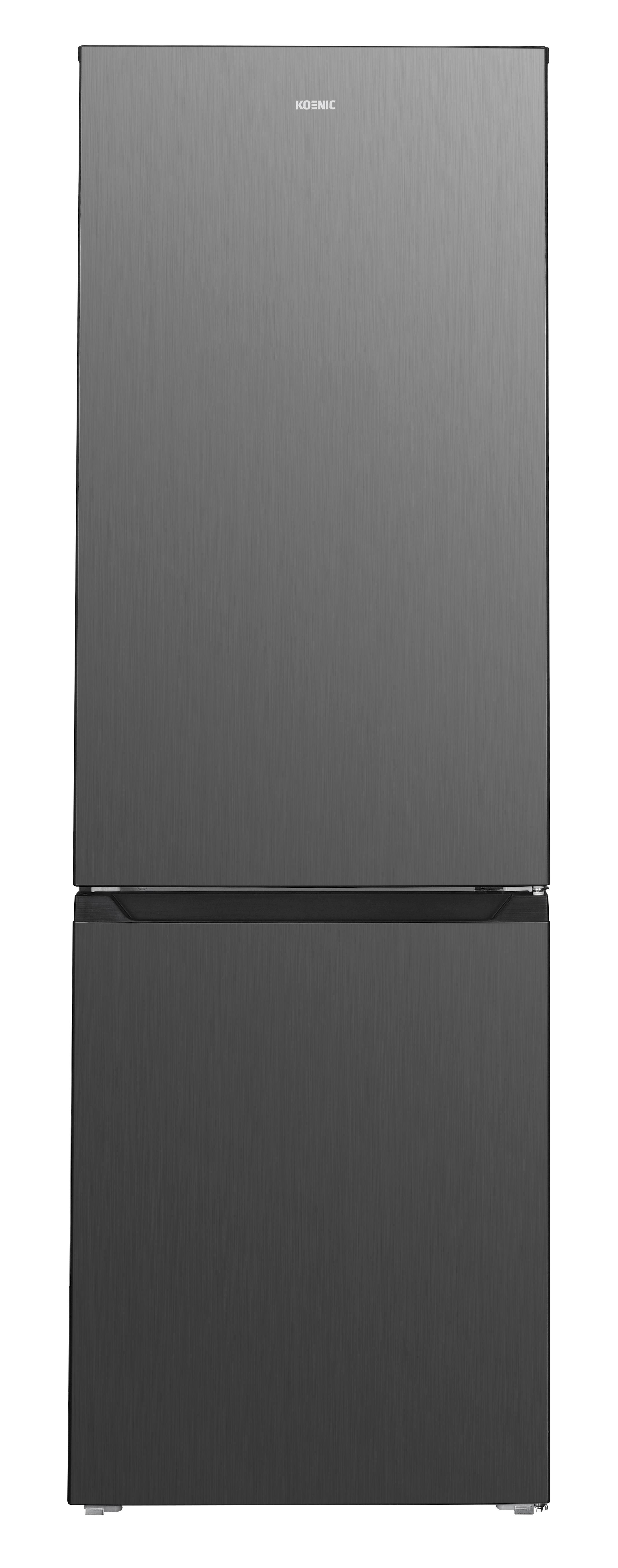 Grauer Kühlschrank mit zwei Türen, hoch und schlank, mit Edelstahl-Finish.