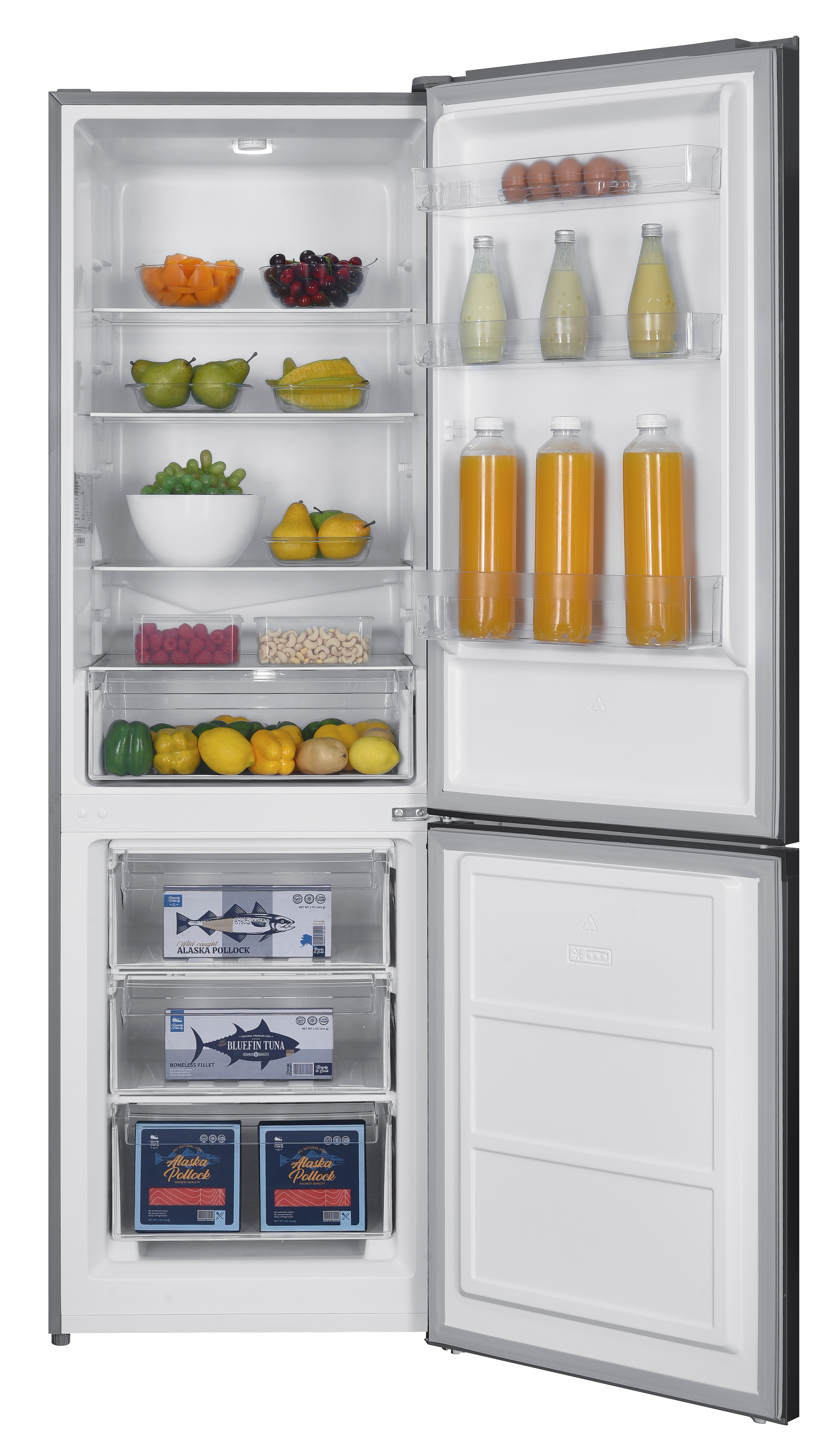 Geöffneter Kühlschrank mit Regalen voller Lebensmittel.