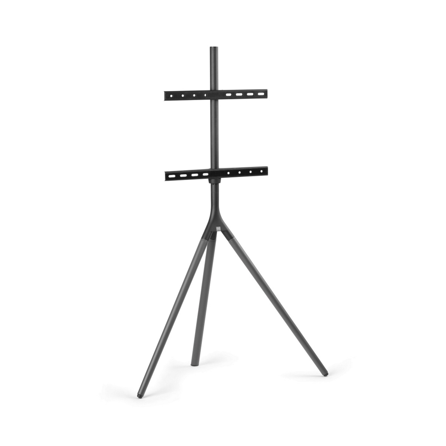 Een zwart en grijze tv-standaard met drie poten. Hij heeft twee horizontale montagebeugels voor een tv.