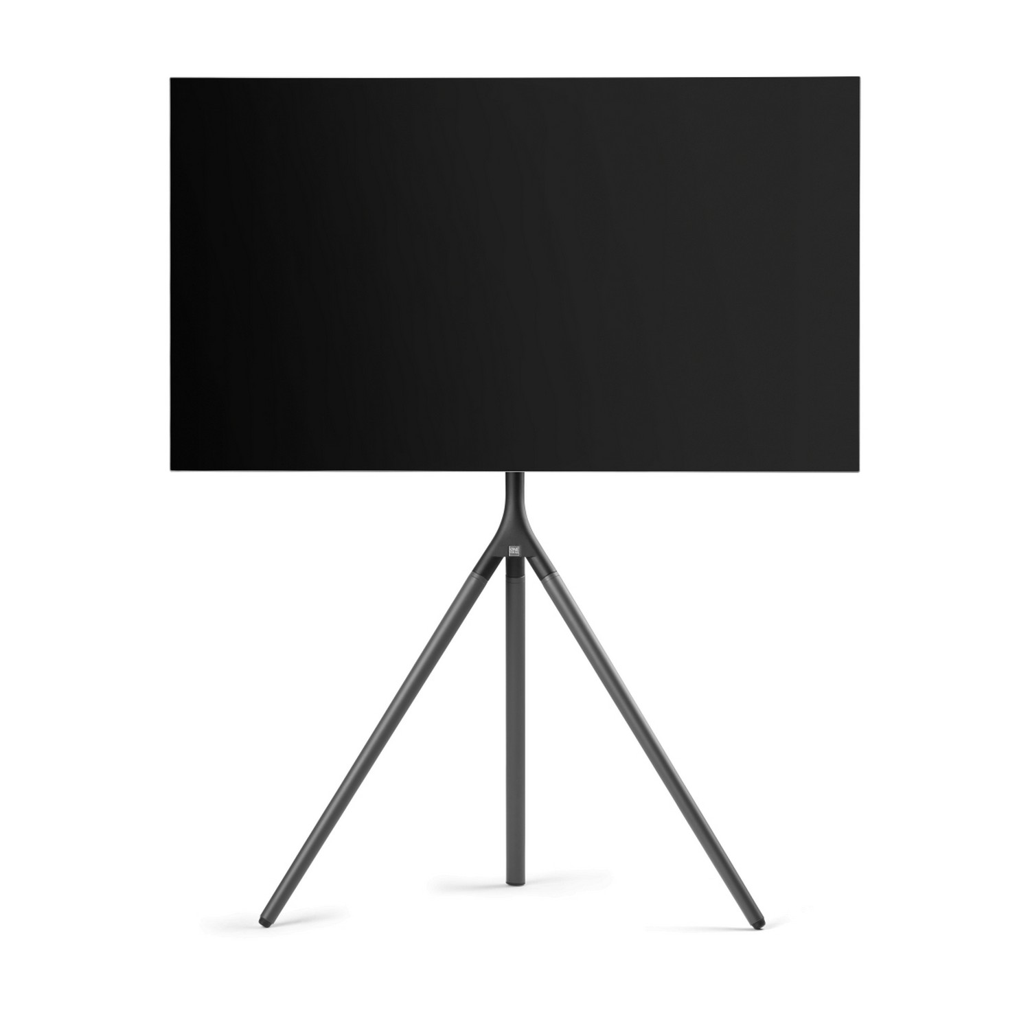 Zwart tv-scherm op een zwart statief op een witte achtergrond.