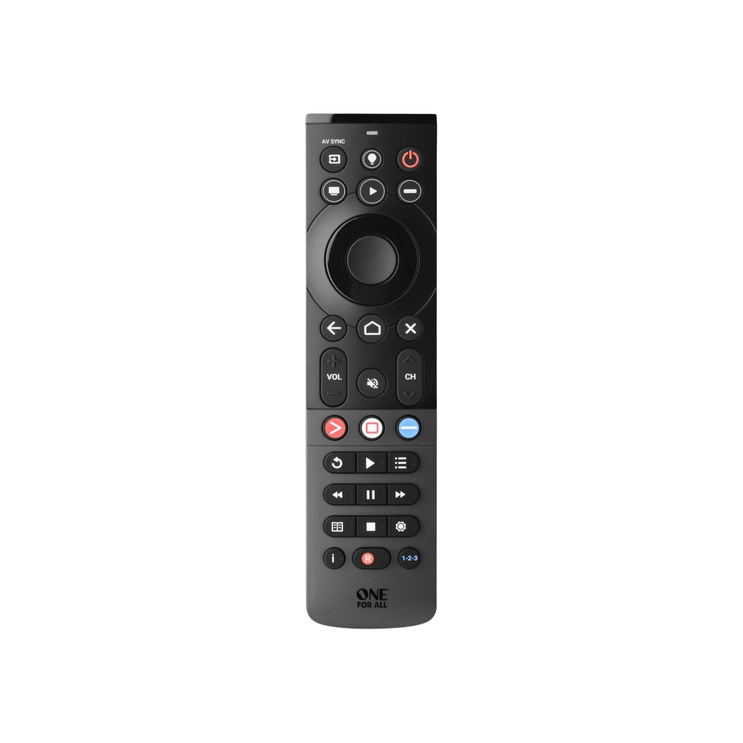 Télécommande TV noire avec divers boutons, sur fond noir.