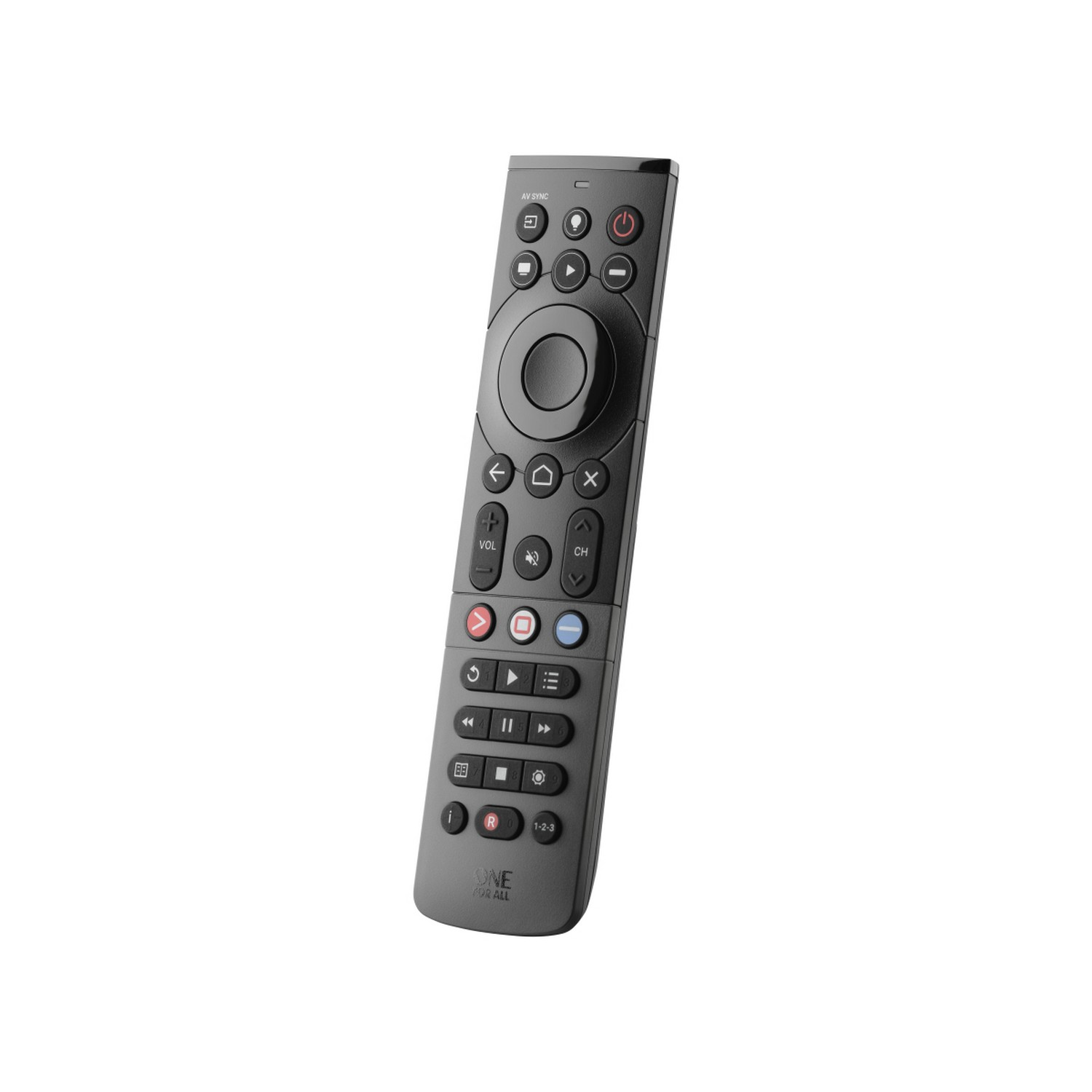 Une télécommande noire avec de nombreux boutons, sur fond blanc, inclinée vers la droite.