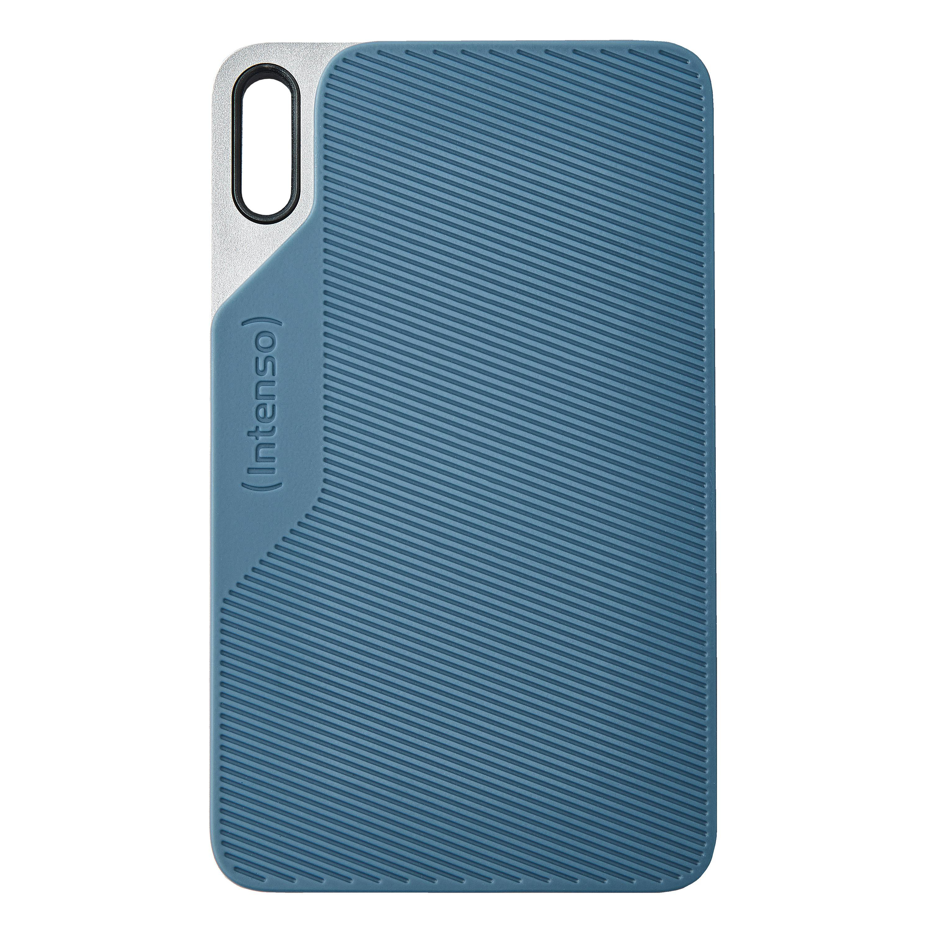 Blaue und silberne Handyhülle mit strukturiertem Design und der Marke Intenso.