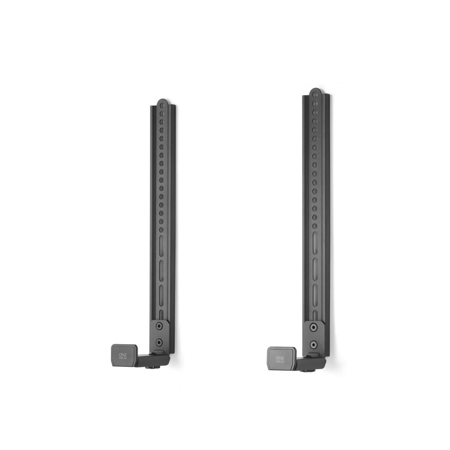 Twee donkergrijze beugels voor een soundbar. Ze zijn aan een witte muur gemonteerd.