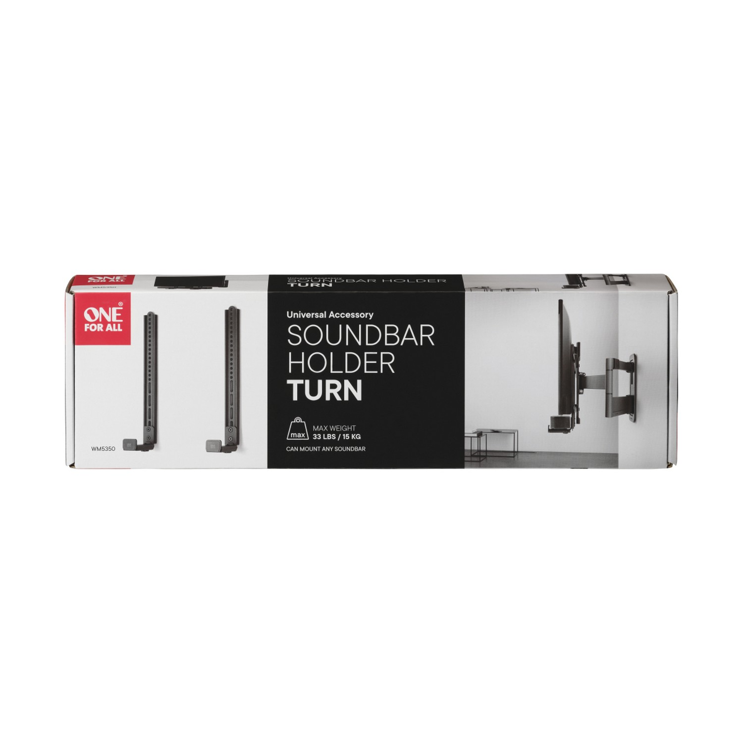 Soundbar houder doos. Tekst: Soundbar Houder Draaien. Witte achtergrond, product in display.