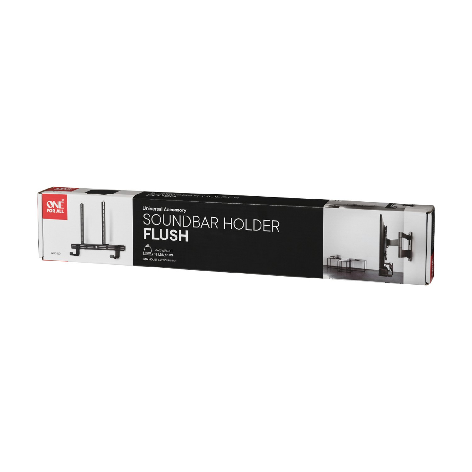 Un support de barre de son dans une boîte. La boîte contient le texte : Accessoire universel SOUNDBAR HOLDER FLUSH.