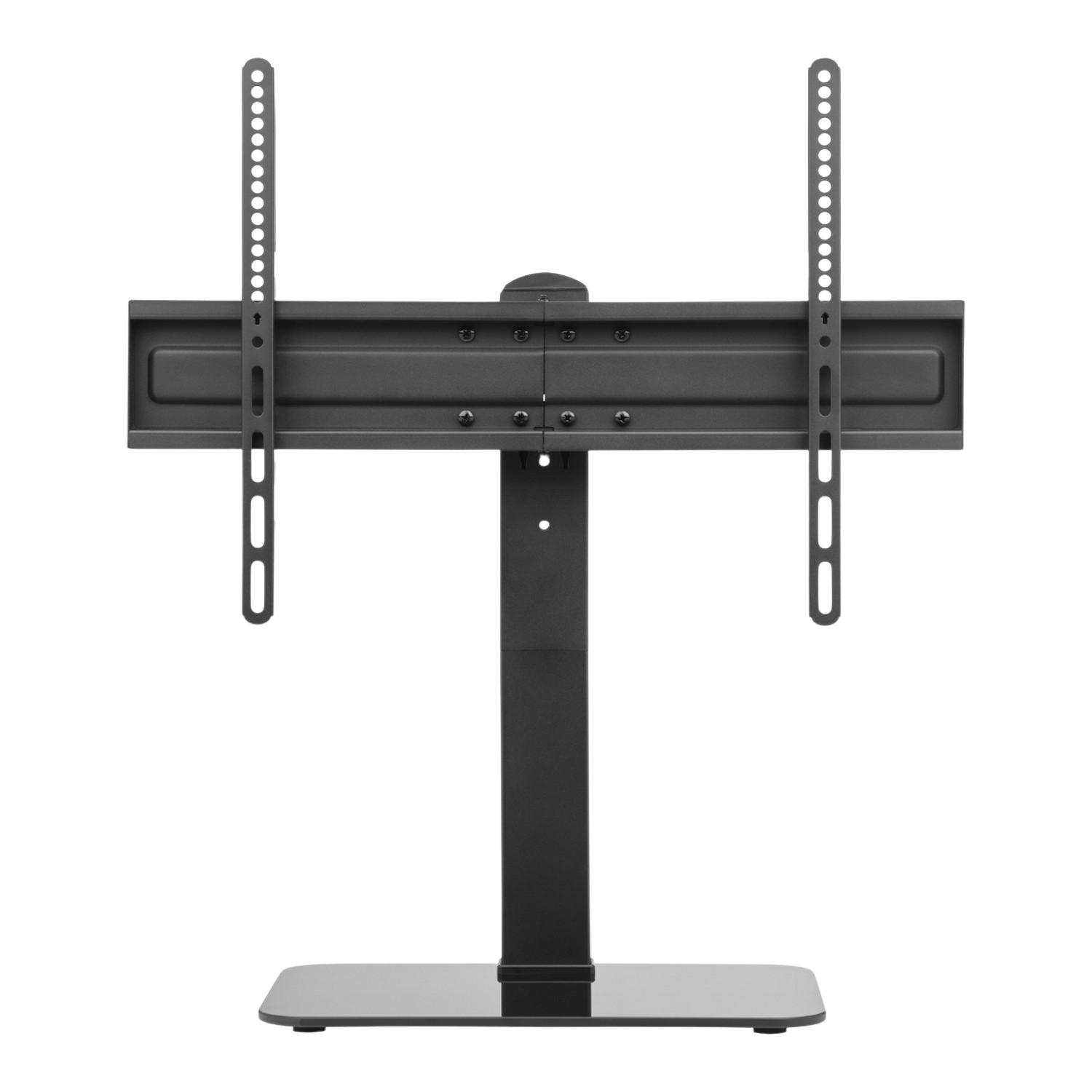 Support de télévision noir avec support et base en métal. Le support maintient un support pour la télévision.