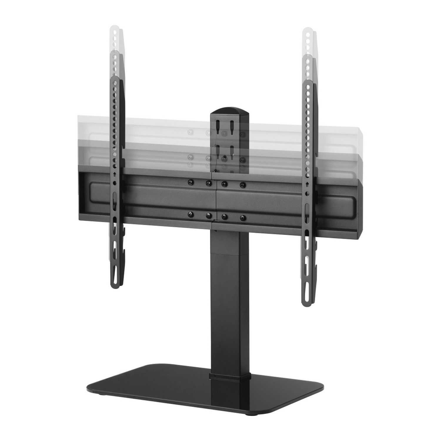 Support TV noir avec hauteur réglable. Base noire. Fond blanc.