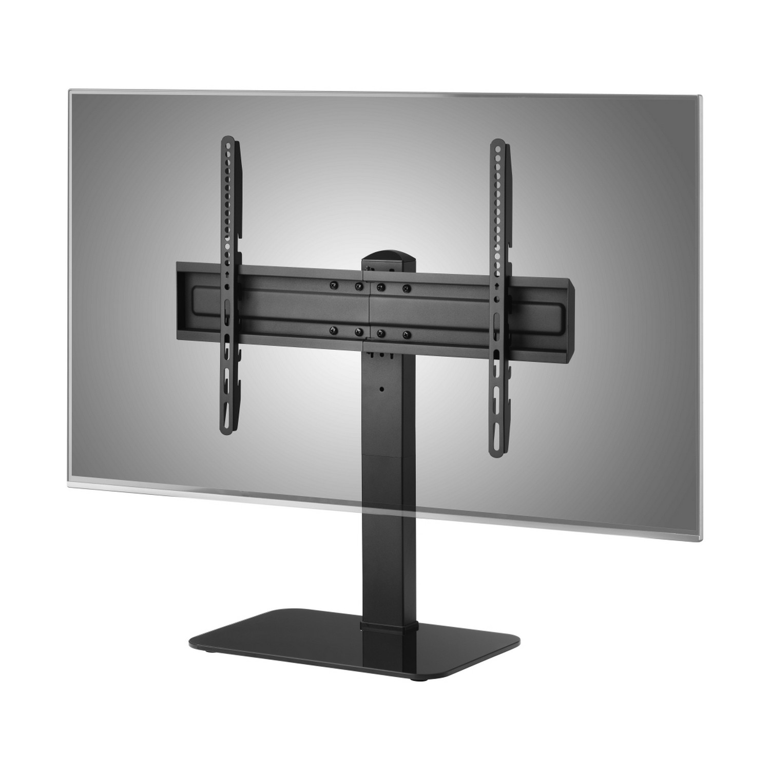 Une grande télévision noire montée sur un support noir, l'arrière de la télévision est visible.