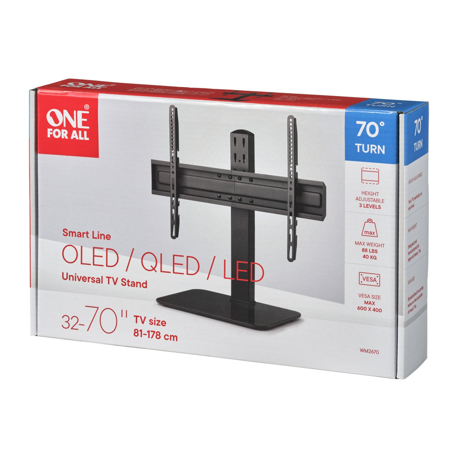 Une boîte de support TV avec les détails du produit. Elle est marquée 'One For All', avec des dimensions et des spécifications.