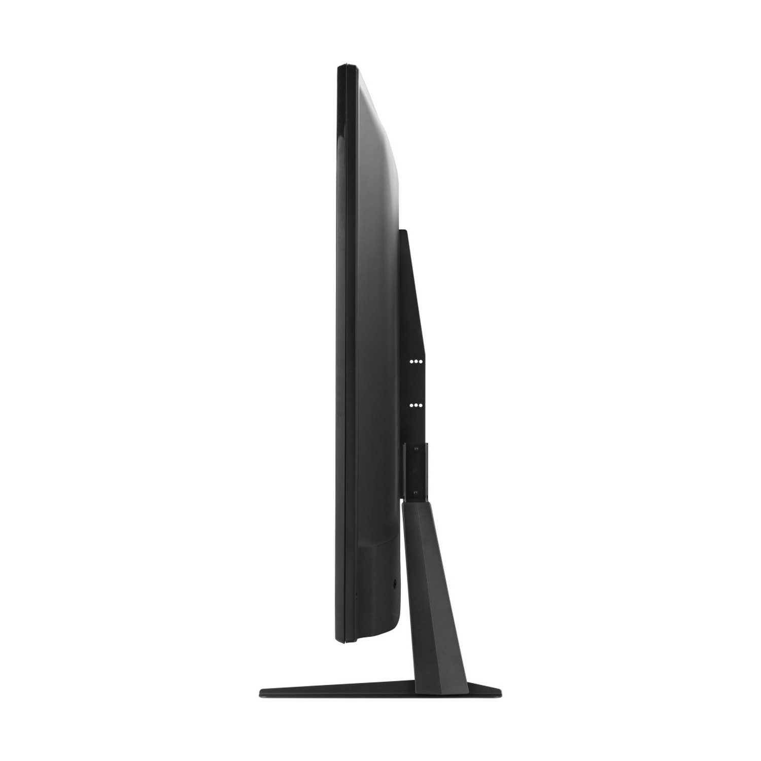Vue latérale d'un moniteur d'ordinateur noir. Il a un support. L'écran est sombre.