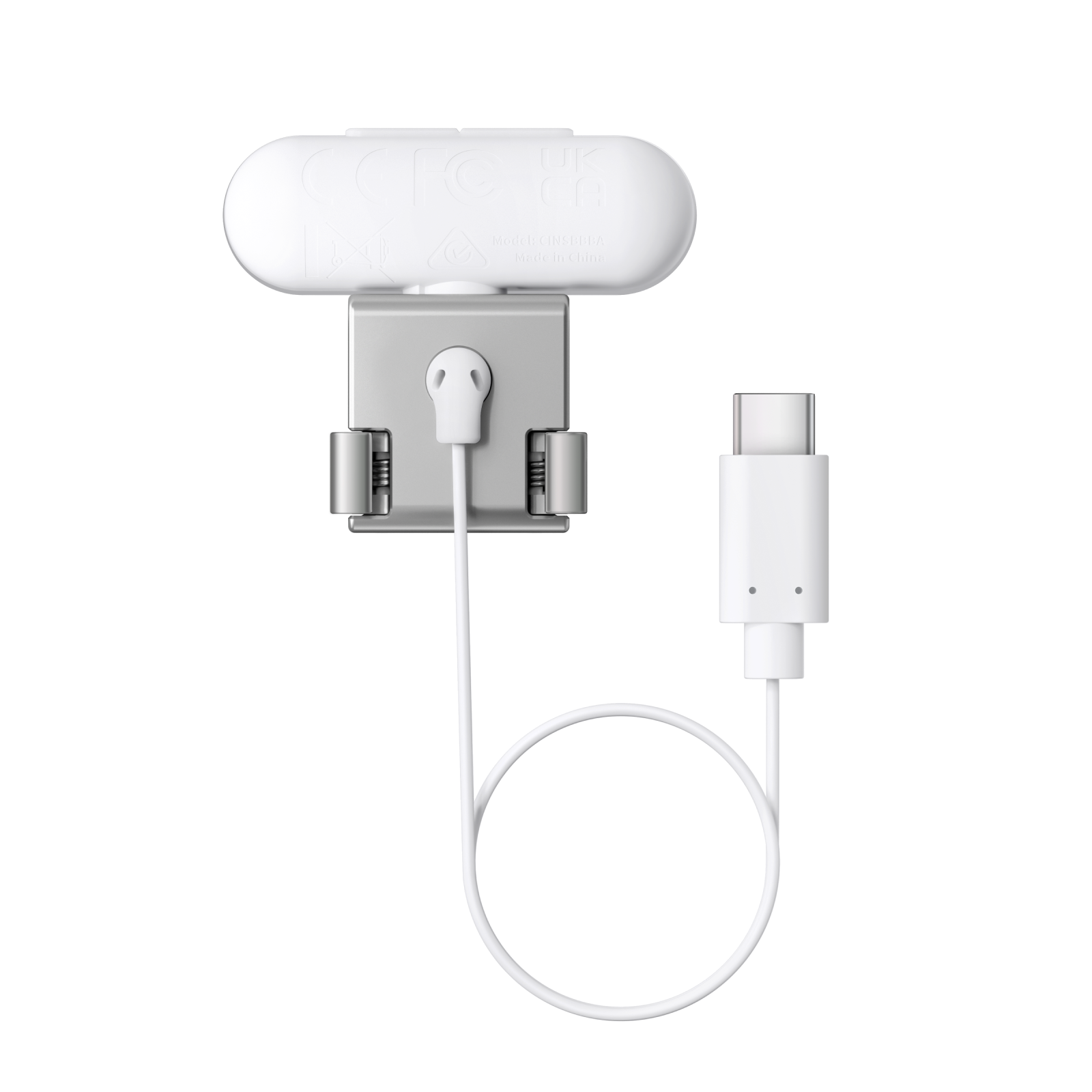 Siyah zemin üzerine beyaz bir web kamerası, beyaz bir kablo ve bir USB-C konektörü.