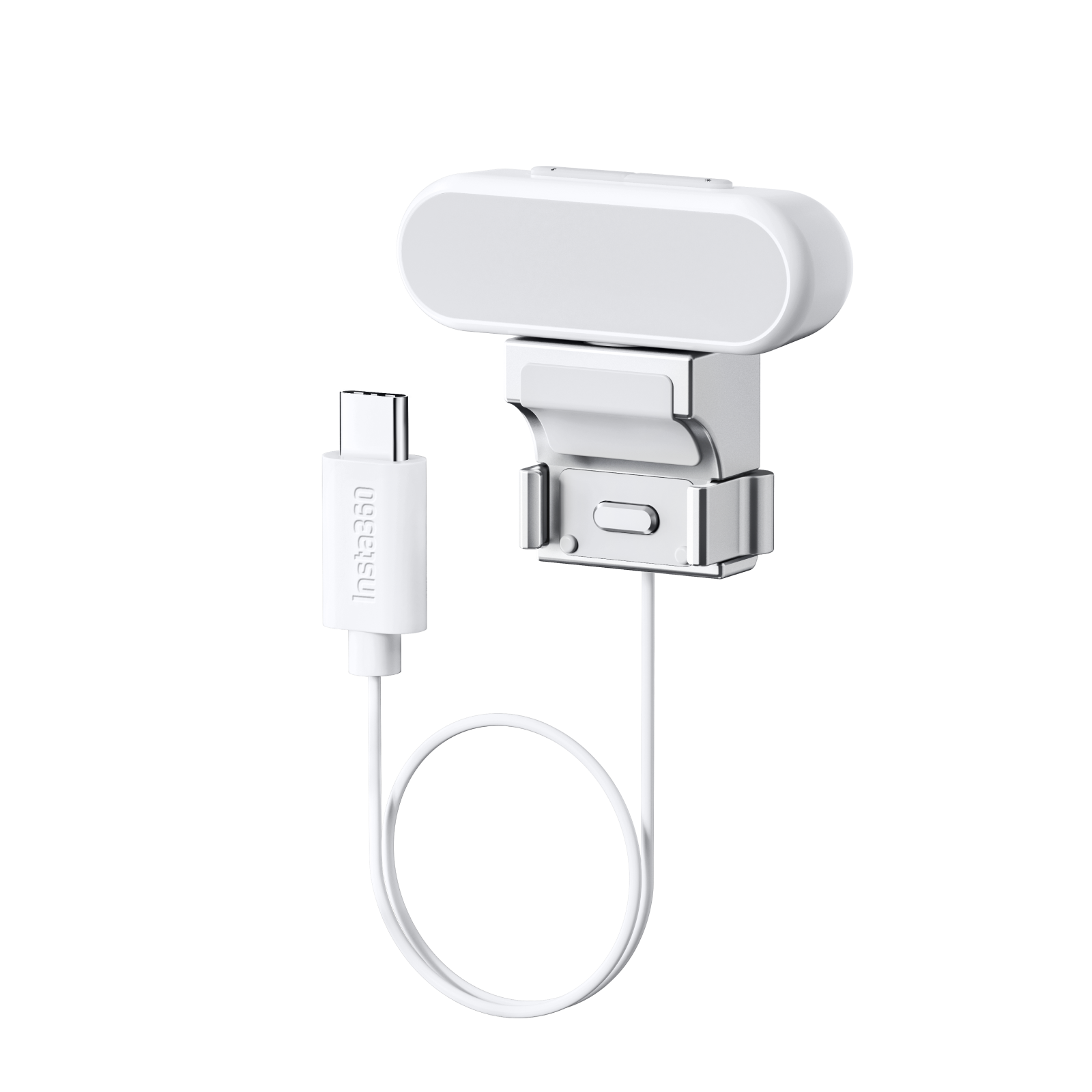 Siyah arka planda USB-C kablolu beyaz Insta360 web kamerası.