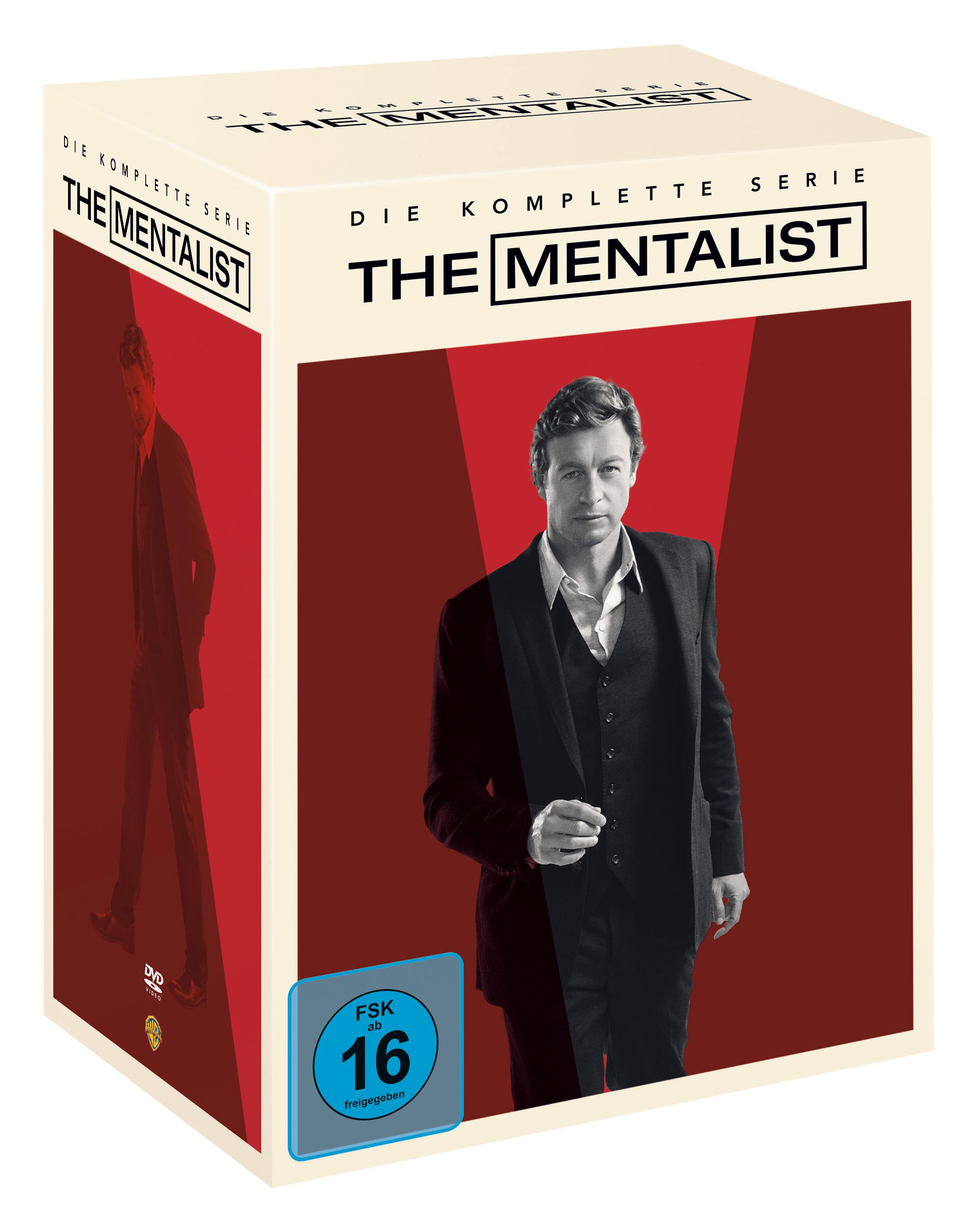 DVD-Box-Set von 'The Mentalist' mit Simon Baker auf dem Cover. Rote und weiße Farben.