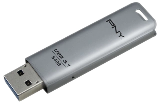Clé USB 3.1 PNY argentée, 64 Go. Le lecteur a un boîtier en métal et un connecteur USB.