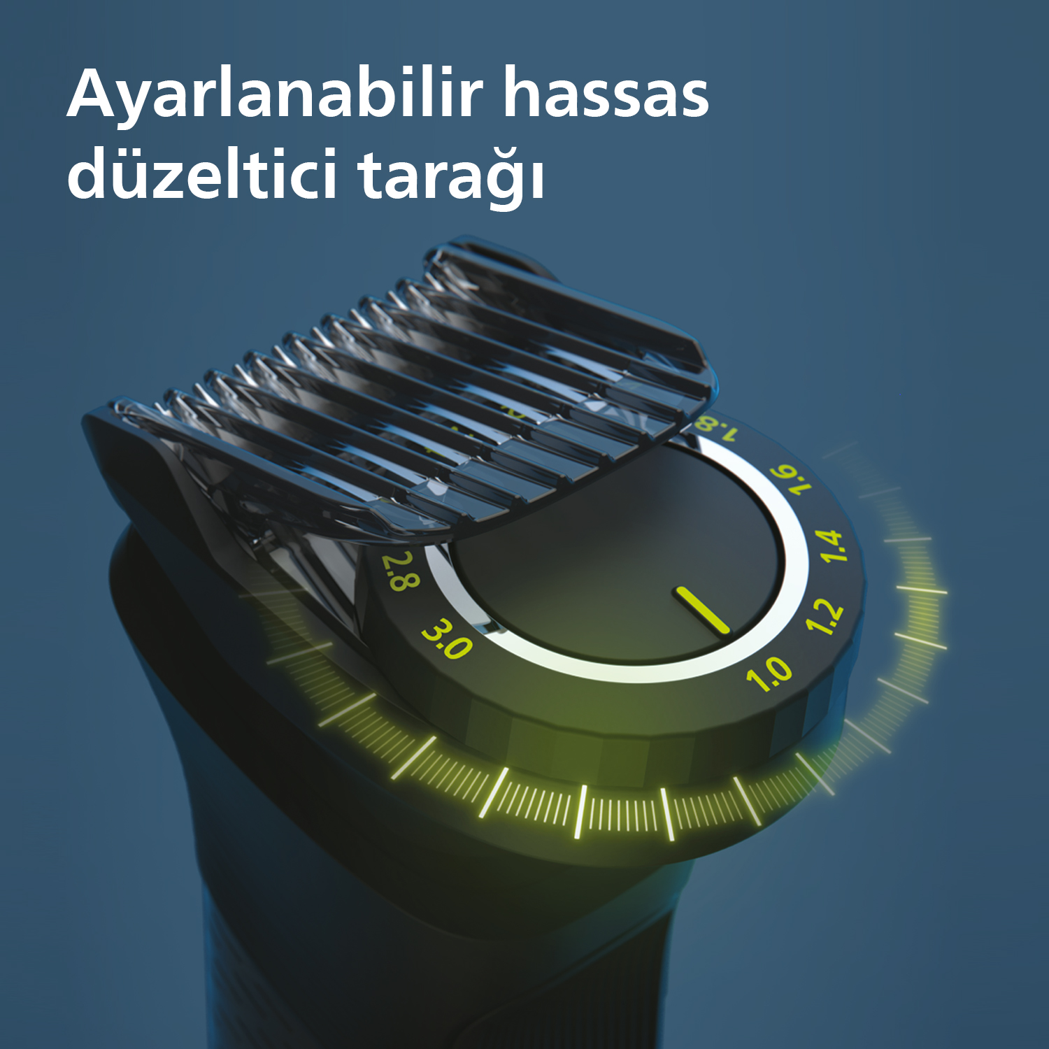 Sakal kesme makinesi başlığının yakın çekimi, kesme uzunluğunu ayarlama kadranı.