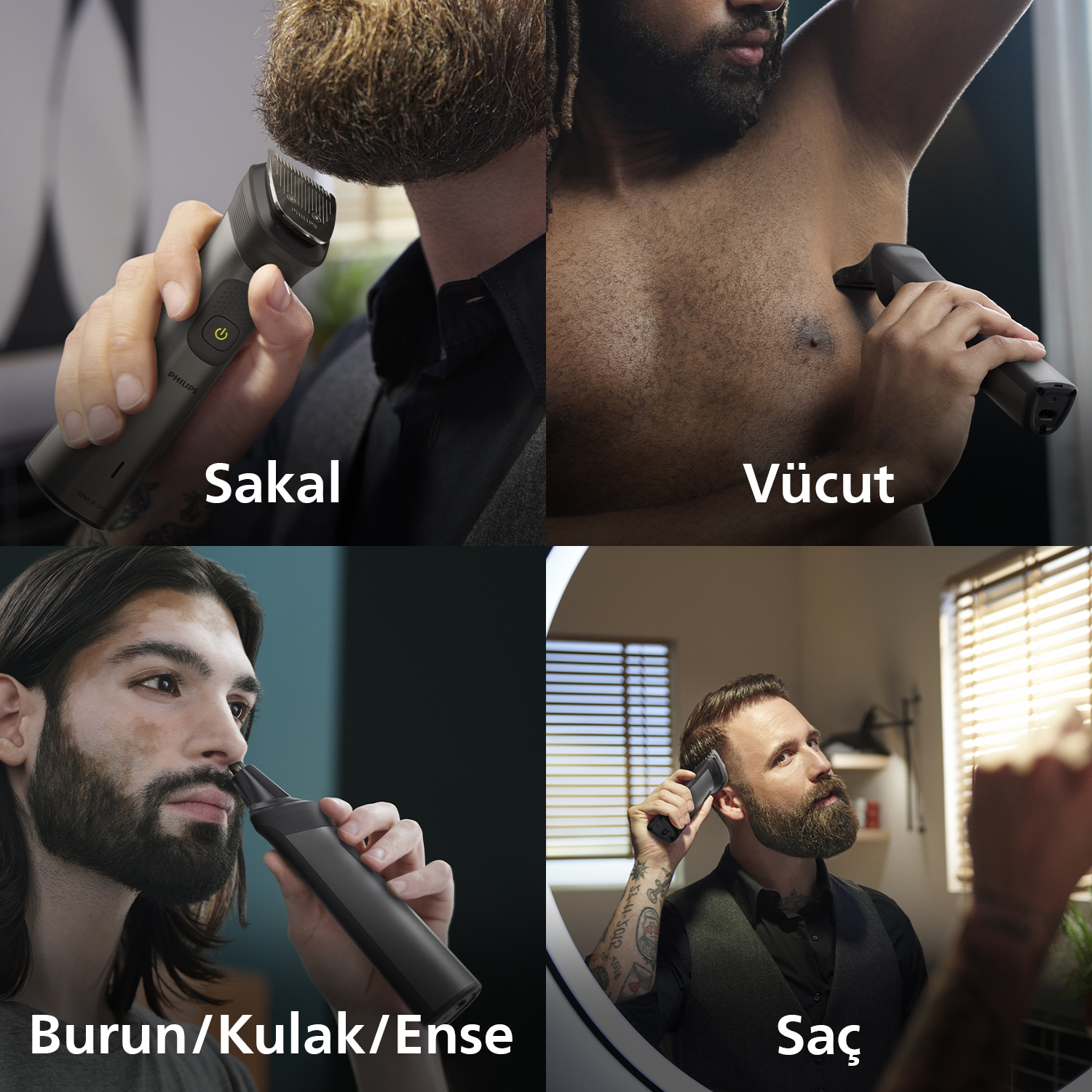 Tıraş olan erkekleri gösteren dört resim. Ürünler: sakal, vücut, burun/kulak/boyun ve yüz.